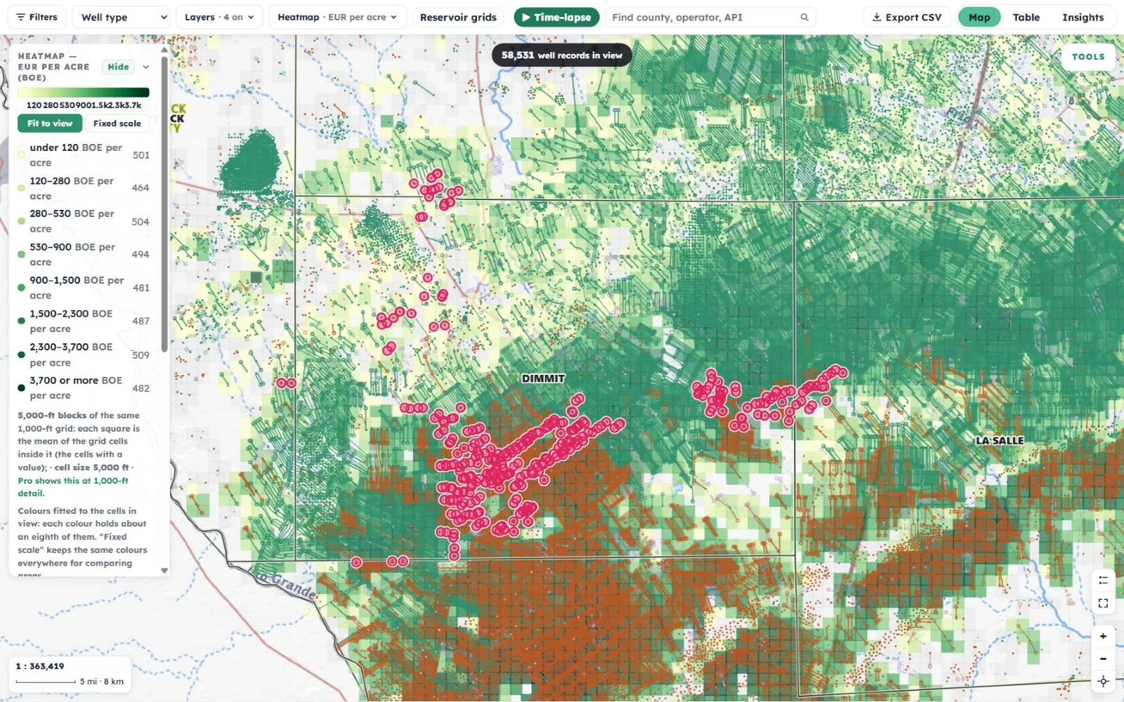 The EUR per acre heatmap