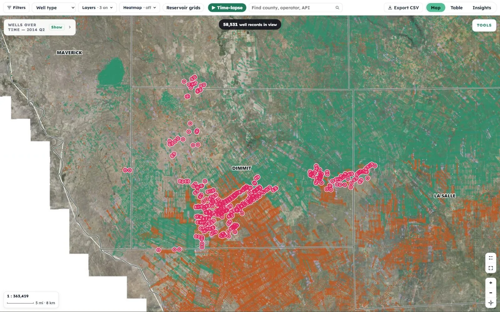 The imagery basemap with oil and gas laterals drawn across the ground and the owner's wells ringed in pink