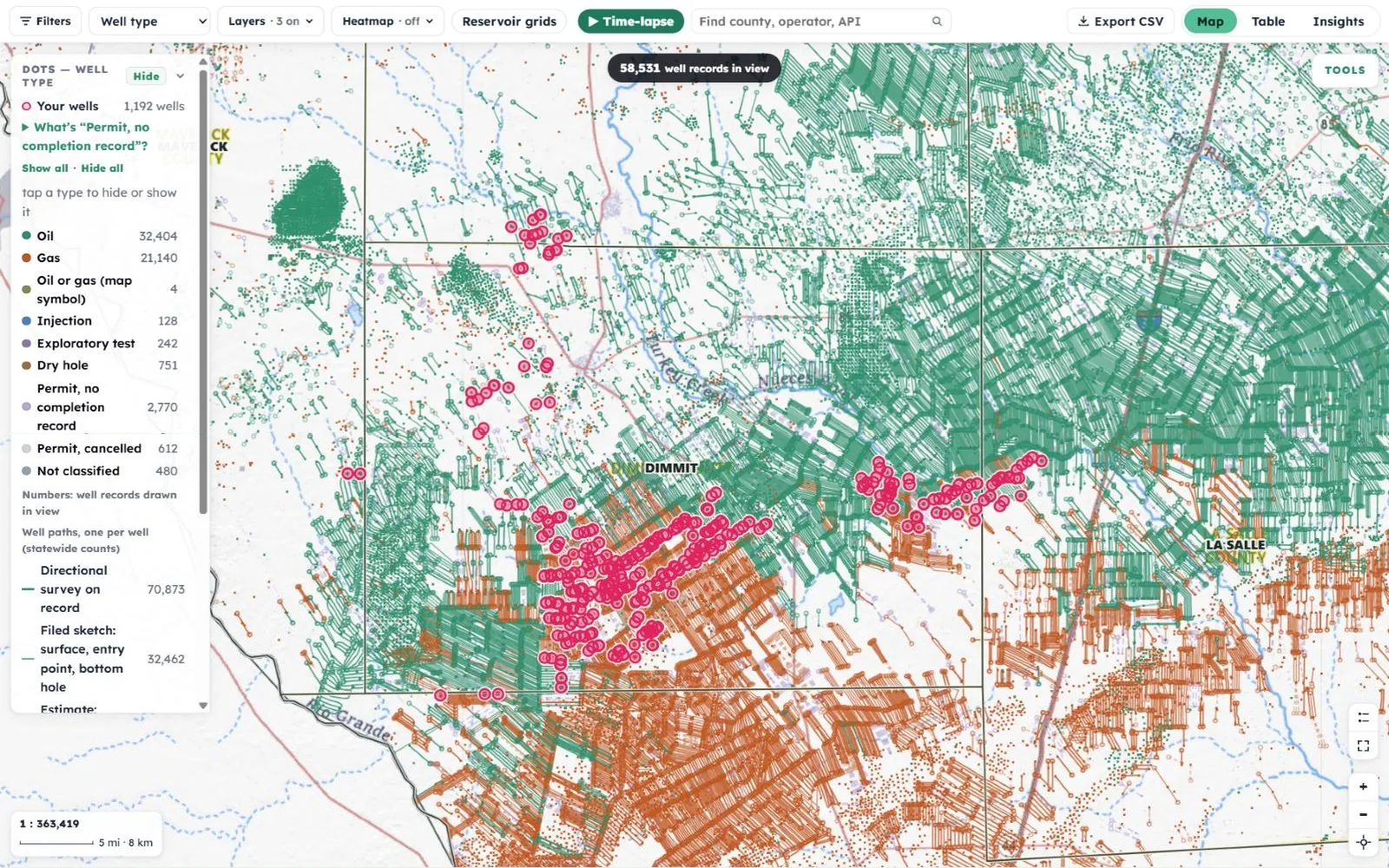 The map with the well-type legend open: your wells, oil, gas, injection, exploratory test, dry hole and permits, each with a count of the wells in view
