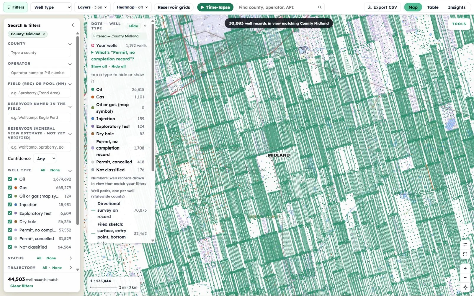 The Search and filters panel narrowed to Midland County, with the matching wells and their laterals filling the map