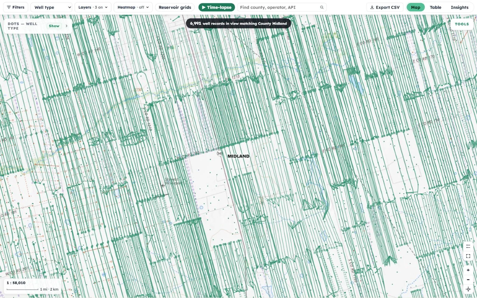 Horizontal wells around Midland, Texas, each drawn from a dot at its surface location along the path recorded in its directional survey