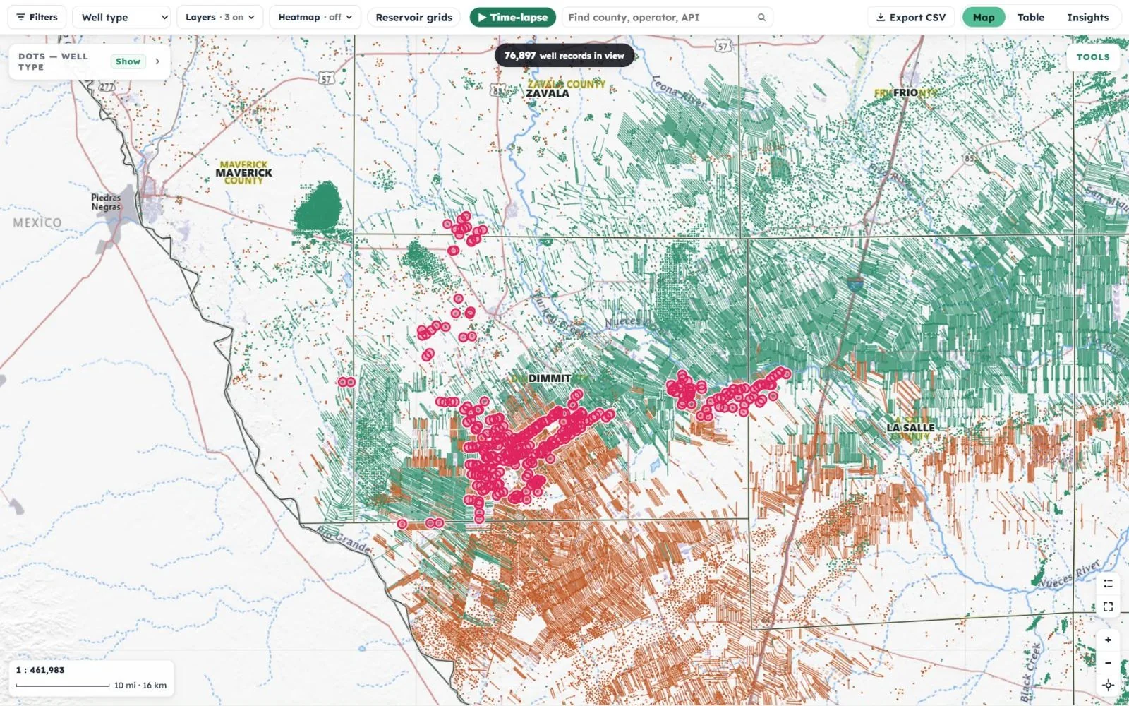County lines, wells and well paths drawn across Dimmit, Zavala, Frio and La Salle counties
