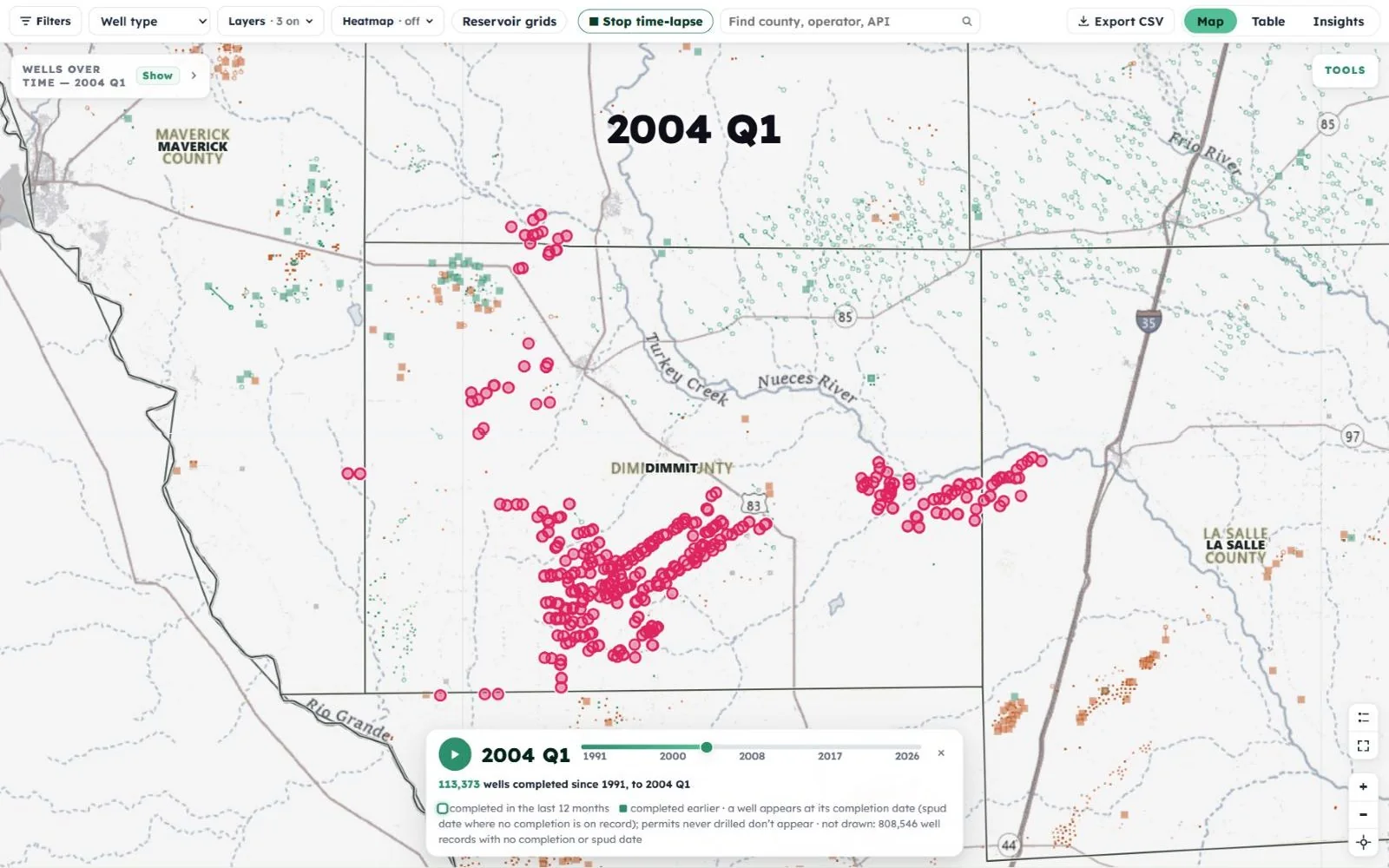 Time-lapse at 2004: only scattered wells around the owner's acreage
