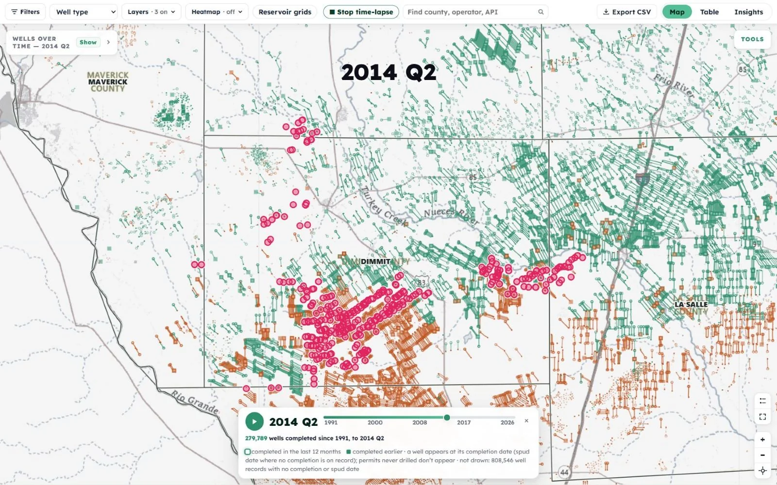 The time-lapse paused at 2014, with 279,789 wells completed since 1991