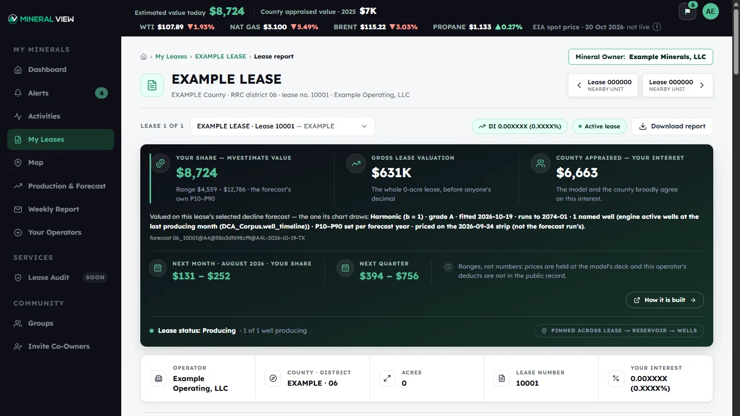 A lease report: whether the lease is producing, its overview and value